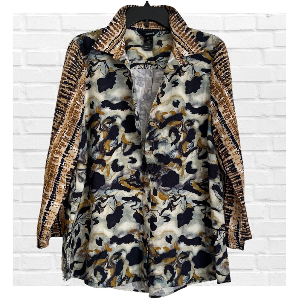 Ali Miles Lg Batik Patterned Tunic Jacket Shirt Lagenlook Artsy Art Teacher
